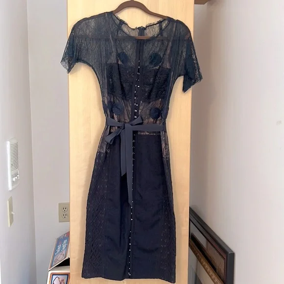 Anthropologie | Dresses | Navy Blue Lace Dress From Anthropologie Sheer  With Full Slip | Poshmark